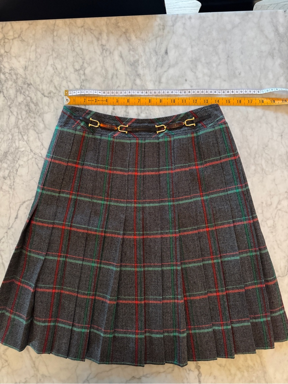 Celine Paris Vintage Wool Plaid Pleated Skirt w/ Tortoise Gold Hardware Size 42